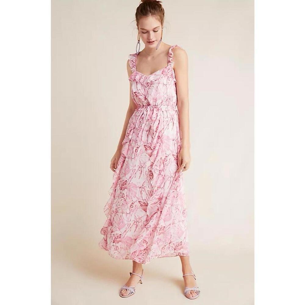 Anthropologie Gal Meets glam dress 8 pink monkey floral maxi ruffle feminine